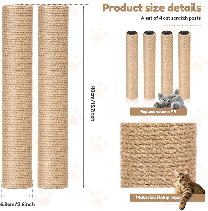 4 PCS Cat Scratching Post Replacement, 15.7 Inches Cat Tree Replacement Post, Natural Sisal Rope Cats Pole for Indoor, Cats Furniture Accessories for Kitten Tree Tower