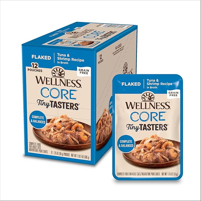 Wellness CORE Tiny Tasters Flaked Adult Wet Cat Food, Natural, Protein-Rich, Grain Free, 1.75-Ounce Pouch, 12 Pack, (Tuna & Shrimp)