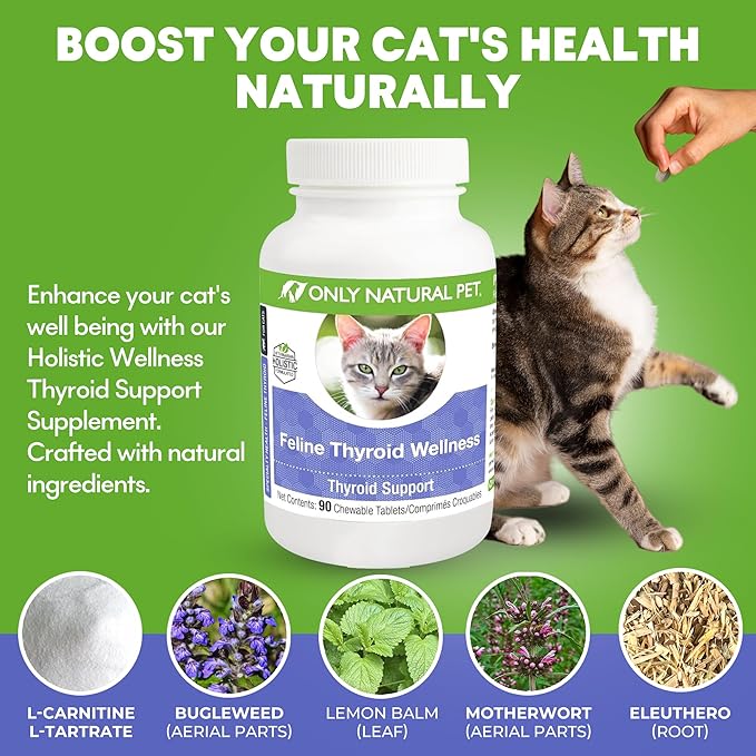 ONLY NATURAL PET Thyroid Support Supplement for Cats - Multivitamin with L-Carnitine & Lemon Balm - Vet Formulated - Helps with Endocrine & Immune Health - Turkey Flavored Chewable - 90 Tablets