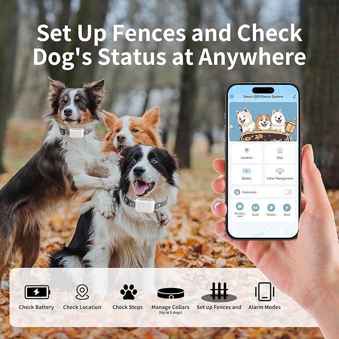 GPS Wireless Dog Fence System with App Control - No Subscription & No Wire, up to 984 FT IPX7 Waterproof Electric Pet Containment Collar with Beep/Vibration/Shock, Support up to 5 Dogs(White)