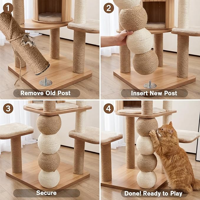 2 Pack Cat Scratching Post Replacement, 13.8 x 3.93 Inch Moden Sisal Poles with M8 Screws, Refill Parts for Indoor Cat Towers and Furniture Repair-White