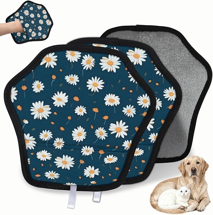 Reusable Pet Hair Removal Glove Navy Blue Daisy Flowers Magic Brush for Cat & Dog Hair Remover for Car, Sofa, Bedding, Clothes - 9x9 Mitt Washable