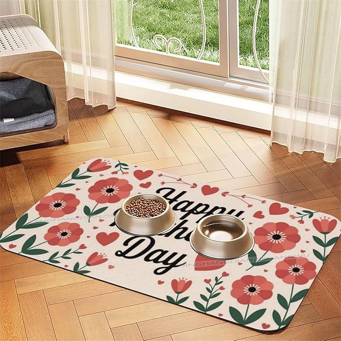 Pet Feeding Mat Absorbent Dog Mat for Food Water Bowl No Stains Quick Dry Water Dispenser Mats Happy Mother's Day Floral Gift Mom Ew Dog Accessories Pet Supplies Bowl for Messy Drinkers 18X12In