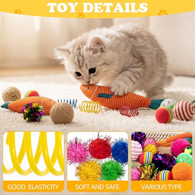 Leitee Valentine's Day Cat Bed Storage Basket with 40 Pcs Cat Variety Toys Pack Set Includes Pillows, Spring Toy, Chew Rope and Balls for Kitten Kitty Swat Hunt Interactive Pet(White,Yellow)