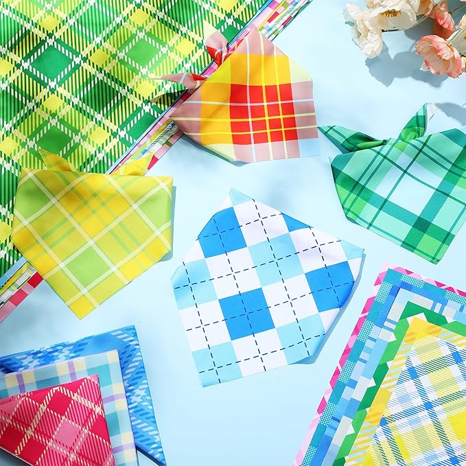 Kacctyen 300 Pcs Summer Plaid Dog Bandanas Bulk Hawaiian Pet Bibs Seasonal Accessories Adjustable Dog Cat Outfit Cute Washable Triangle Scarf for Small to Medium Pet