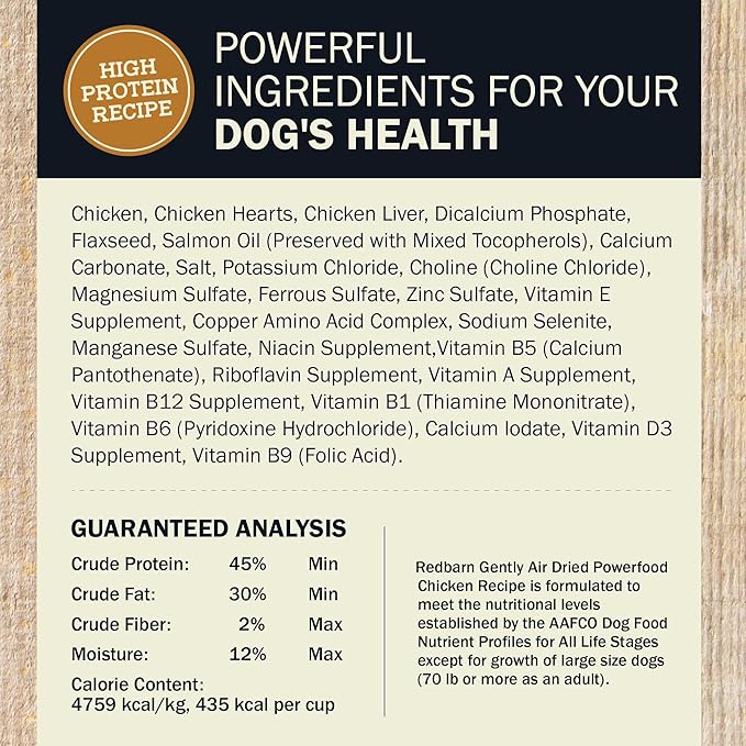 Redbarn Powerfood Air Dried Dog Food - 96% Chicken & Chicken Organs - High Protein Grain-Free Non-GMO Premium Dry Full Feed or Topper Made in USA with Omega 3 Salmon Oil Flaxseed - 2lb