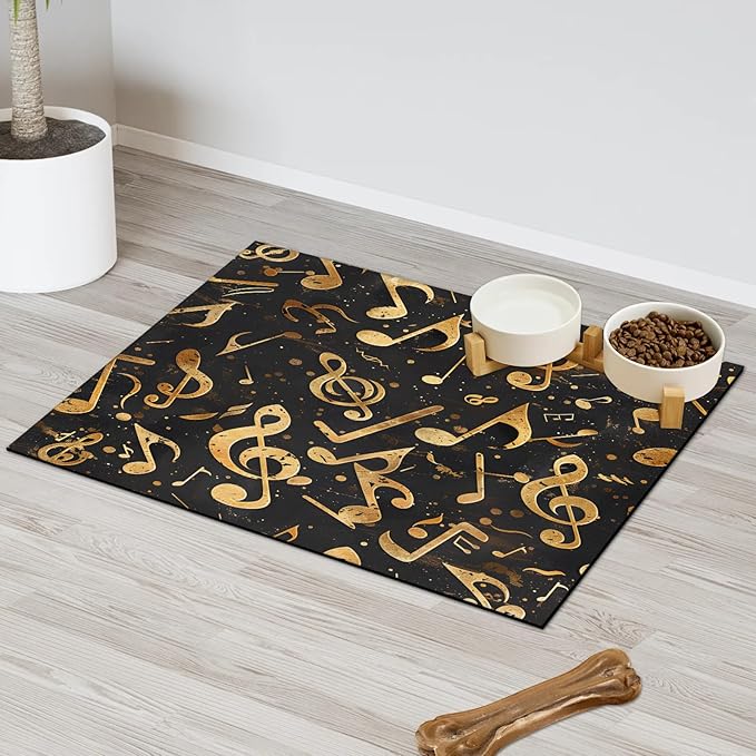 Gold Note Dog Food Mat for Floors Absorbent Dog Bowl Mat for Food and Water Dispenser Quick Dry Cat Food Placemat Pet Supplies 12" x 20", Music