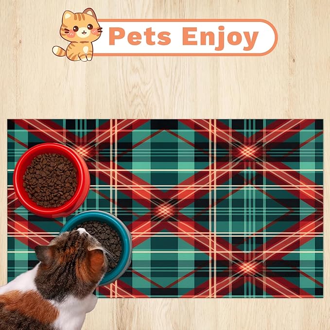 Buffalo Check Dog Food Mat for Floors Absorbent, Quick Dry Water Dispenser Mat for Food, Water, Pet Supplies 17" x 30", Green Red