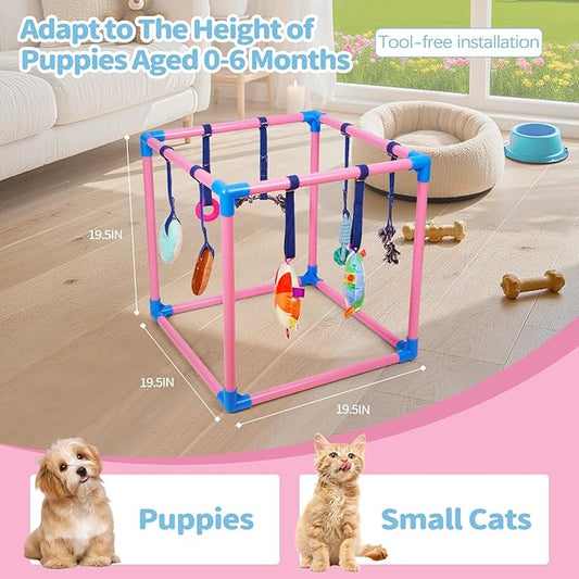 Liitrton Puppy Play Gym - Small Dogs Play Gym with 8 Hanging Toys, Indoor Puppy Jungle Gym with Interactive Dog Enrichment Toys, 19.5"x19.5"x19.5" PVC Frame (Pink)