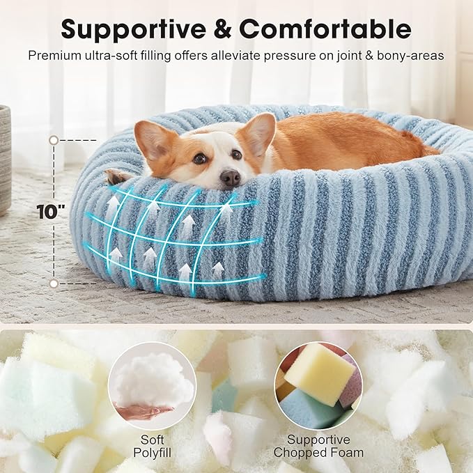 MIXJOY Dog Beds Large Sized Dogs, Washable Dogs Bed with Removable Cover, Cozy Donut Dog Ded Fluffy Plush Faux Fur Pet Bed with Anti-Slip Bottom, 36"x36"x10", Blue