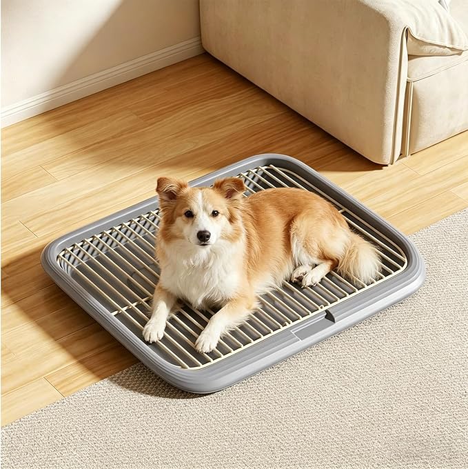 Dog Potty Tray with Guide Pillar, Large Indoor Pet Pee Pad Holder, Removable & Washable Puppy Training Toilet for Housebreaking Supplies Gray