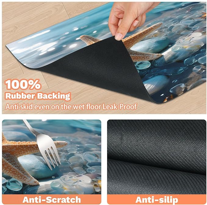 Starfish Seashell Dog Food Mat for Floors Absorbent, Quick Dry Water Dispenser Mat for Food, Water, Pet Supplies 16" x 24", Ocean Beach