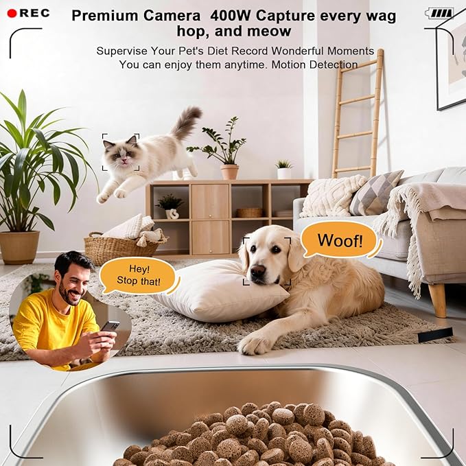 Automatic Cat Feeder with 400W Camera,2.4G Auto Dog Feeder w Night Vision,Pet Feeder w2-Way Audio,Timed Cat Feeders for Dry Food,Dogs Food Dispenser w APP Control 5L