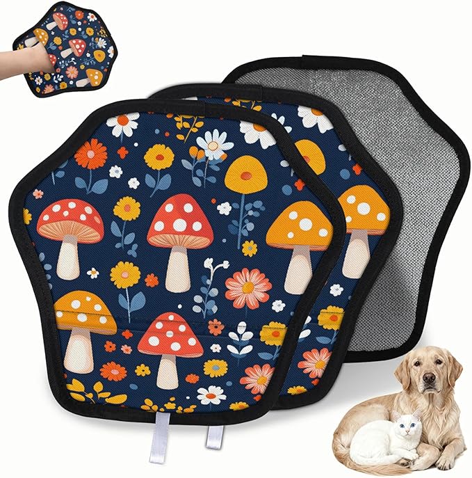 Reusable Pet Hair Removal Glove Cute Mushrooms Flowers Magic Brush for Cat & Dog Hair Remover for Car, Sofa, Bedding, Clothes - 9x9 Mitt Washable
