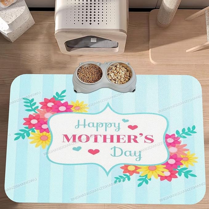 Pet Feeding Mat Absorbent Dog Mat for Food and Water Bowl Dog Accessories Happy Mother's Day Floral Gift for Mom I Pet Supplies Dogs Quick Dry Cat Water Dispenser Mats 24x16In