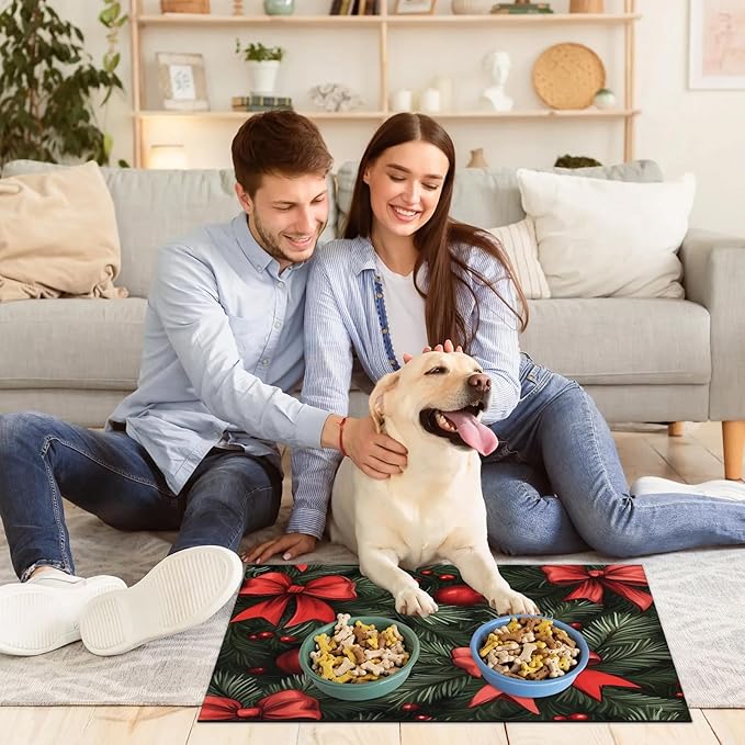 Xmas Pine Tree Dog Food Mat for Floors Absorbent, Quick Dry Water Dispenser Mat for Food, Water, Pet Supplies 12" x 20", Christmas Bow