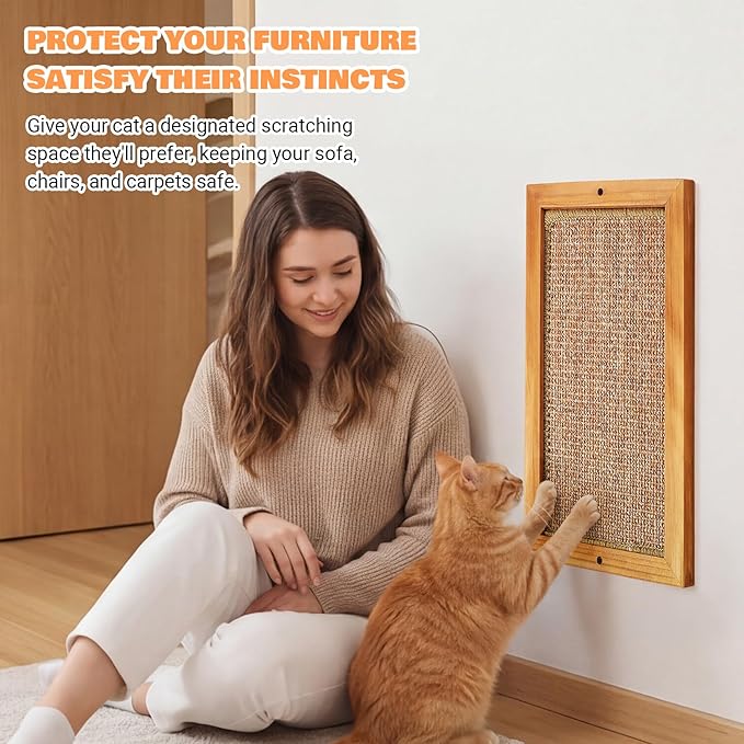 Wall Mounted Cat Scratching Post, Wooden Sisal Panel Scratcher, Natural Wood Frame with Durable Sisal Rope Surface for Cats，Space Saving Wall Furniture for Cats, Protects Furniture from Scratching