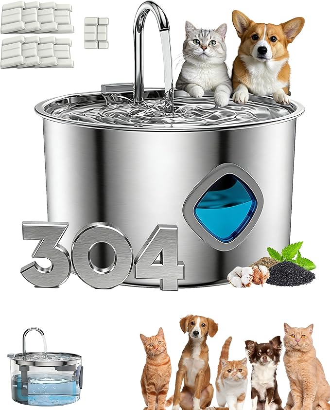 Dog Water Bowl, 3.2L Stainless Steel Dog Water Fountain with 10 Filter & Quadruple Filtration, Quiet Pump Fresh Water Bowl for Pets, Visible Water Level, Easy to Clean for Dog Cat (1 Pcs+10Pcs Filter)