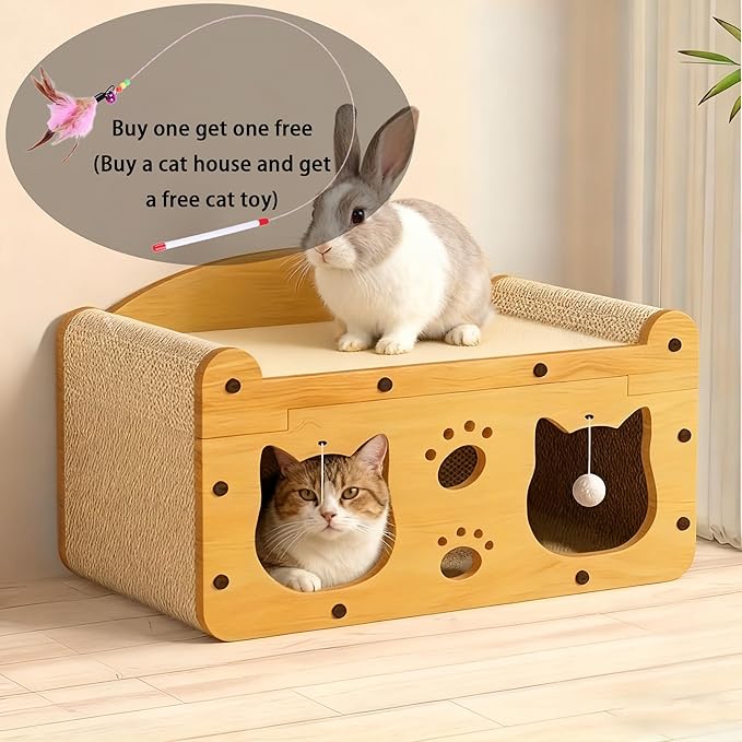 Cat Scratcher House for Indoor Cats, Sturdy MDF Frame 2-in-1 Cat Furniture Lounge Bed & Scratching Post, Large Cardboard Cat Hideaway with Teaser Toy (22.05inch Length Double Doors)