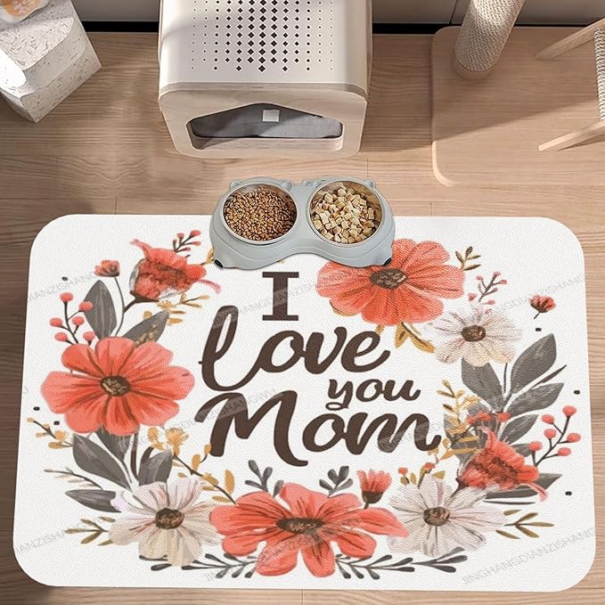 Pet Feeding Mat for Dogs Cats Happy Mother's Day Floral Gift for Mom Kw Absorbent Dog Food Mat Non-Slip Waterproof Placemat Quick Dry Pet Supplies Bowl Mats