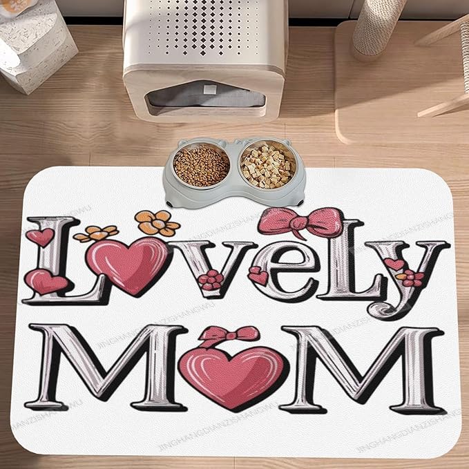 Pet Feeding Mats with Residue Collection Happy Mother's Day Lovely Mom Gift for Mum Cy Waterproof Dog Cat Bowl Mat 18X12In with Prevent Water Food Spills