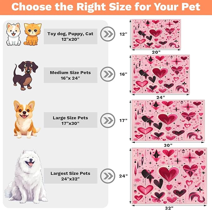 Valentine Dog Food Mat for Floors Absorbent, Quick Dry Water Dispenser Mat for Food, Water, Pet Supplies 17" x 30", Red Black Heart