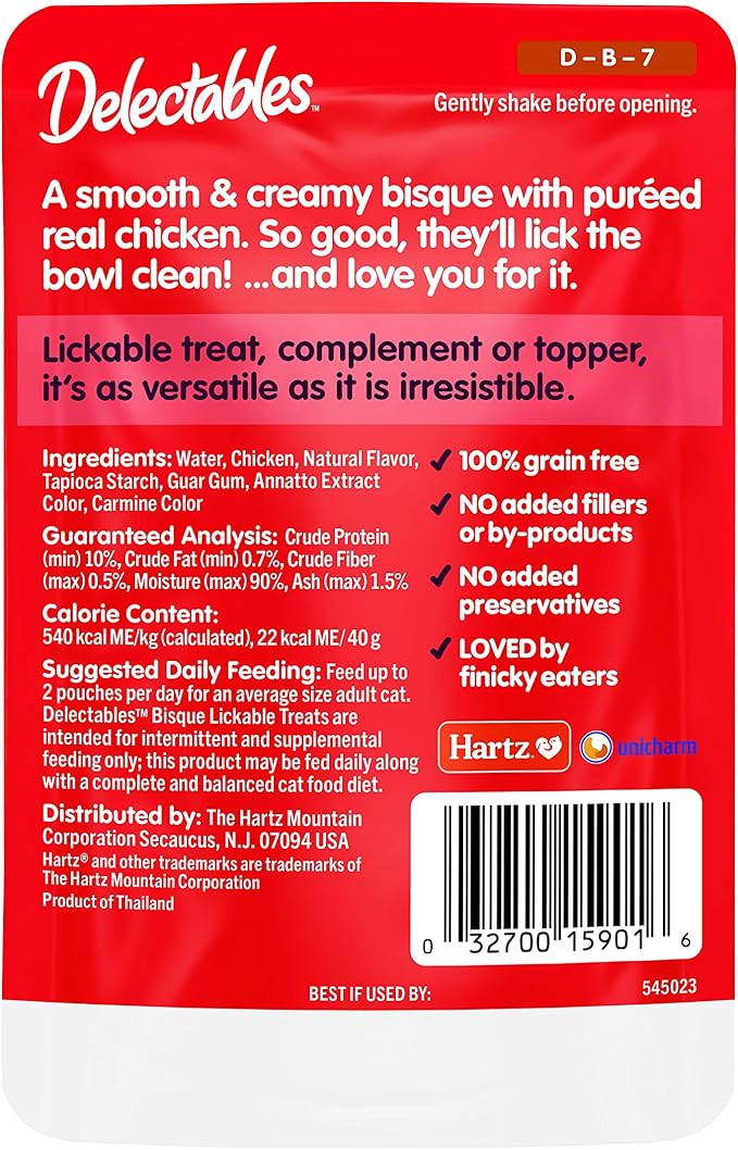 Hartz Delectables Non-Seafood Bisque Lickable We Cat Treats for Adults & Senior Cats, Chicken (Pack of 12)