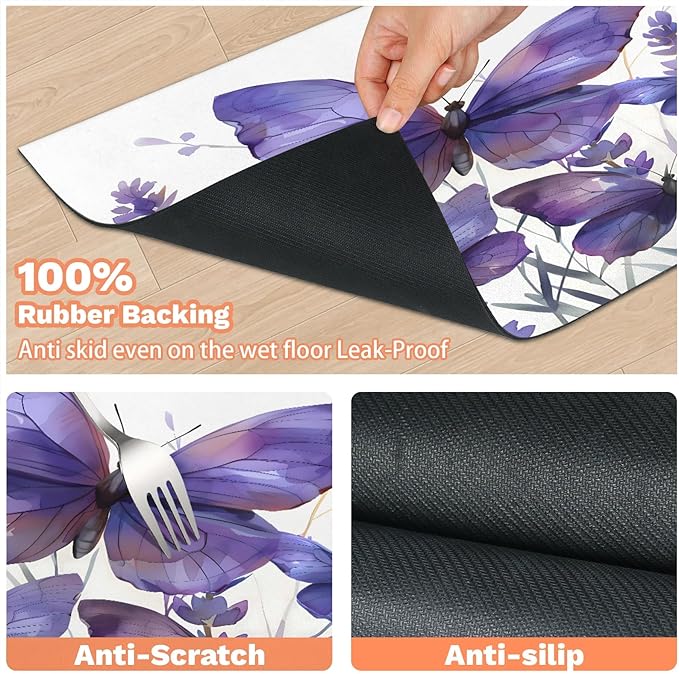Purple Butterfly Dog Food Mat for Floors Absorbent, Quick Dry Water Dispenser Mat for Food, Water, Pet Supplies 12" x 20", Lavender Floral