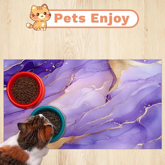 Purple Marble Dog Food Mat for Floors Absorbent, Quick Dry Water Dispenser Mat for Food, Water, Pet Supplies 24" x 32", Gold Purple Abstract