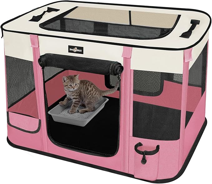 Foldable Pet Kitten Playpen, Upgrade Waterproof Portable Cat Dog Playpen Kennel Tent for Dog Cat, Retractable Shade Cover with Free Carrying Case, Indoor Outdoor Use for Small Pet.