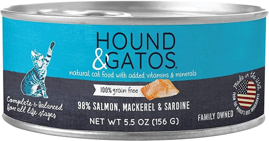 Hound & Gatos Wet Cat Food, 98% Salmon, Mackerel & Sardine, case of 24, 5.5 oz cans