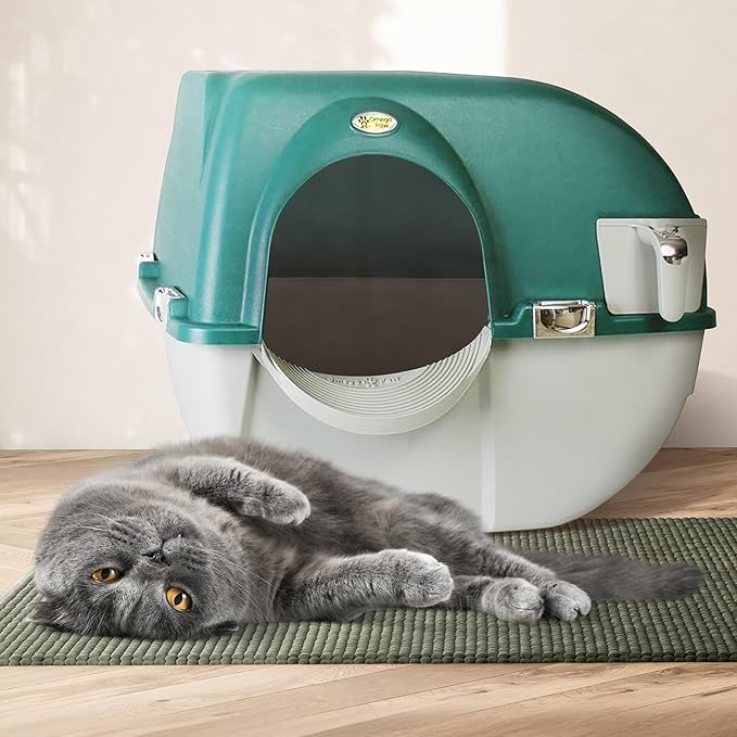 Omega Paw Premium Roll 'N Clean Self Cleaning Litter Box with Integrated Litter Step and Unique Sifting Grill, Regular Size, Forest Green