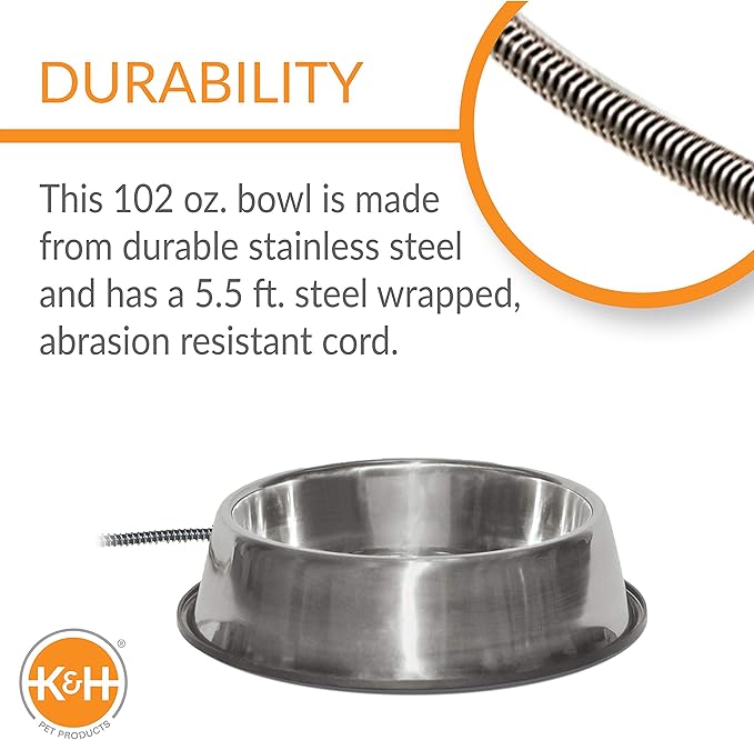 K&H Pet Products Thermal-Bowl Heated Water Bowl for Cats & Dogs Outside, Safety Listed Outdoor Heated Dog Dish for Pets, Automatic No Freeze, Anti Chew Cord - 102 Ounces Stainless 25W