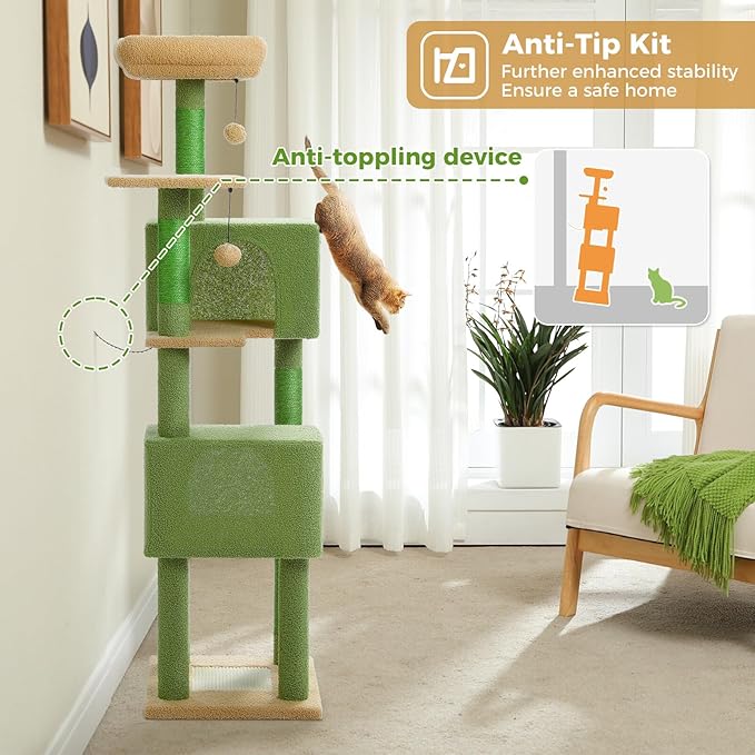Cactus Cat Tree for Indoor Cats, 62" Multi-Level Cat Tower with 2 Spacious Condos, Scratching Pad, 4 Cat Scratching Posts, 2 Top Perches, 2 Pompoms, Green