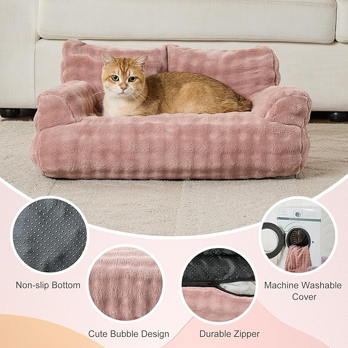 Cat Couch Bed, Cute Soft Pet Sofa for Indoor Cats Kittens Puppies with Removable Washable Cover, 26"x15", Dusty Pink