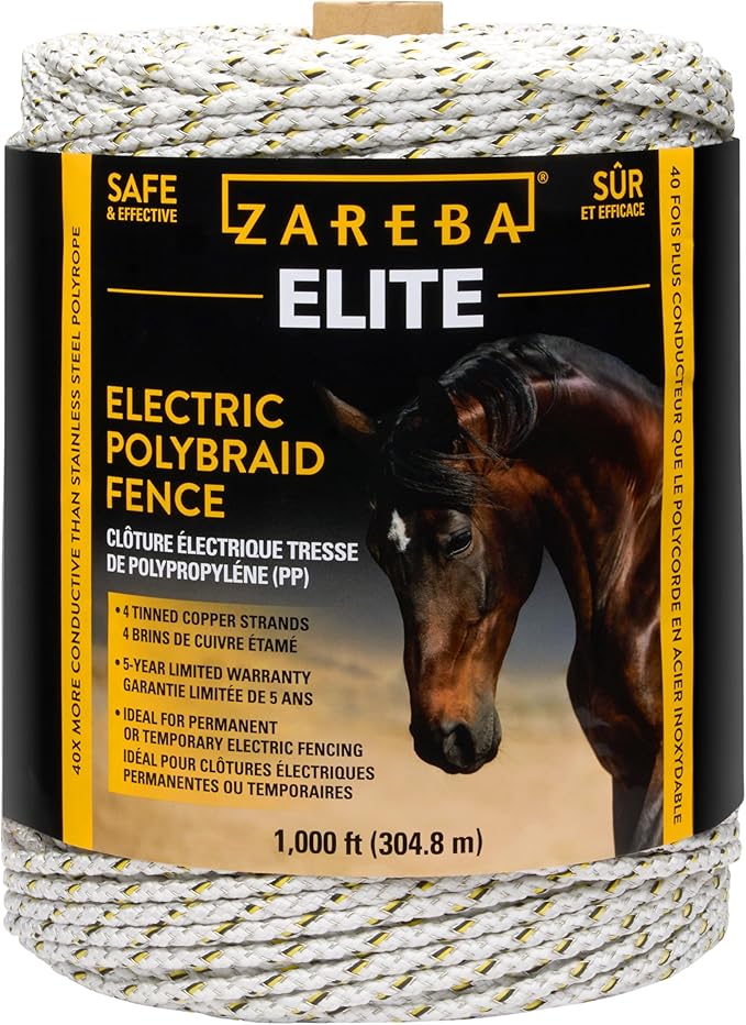 Zareba Elite Electric Polybraid Fence for Horses - 1000 ft, Highly Visible Electric Horse Fence, 4 Tinned Copper Strands, Polybraid Electric Fence, EL1000C4-Z