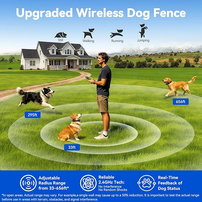 Wireless Dog Fence for 2 Dogs - Electric Dog Fence Wireless, Perimeter Dog Collar with Adjustable Radius up to 656 ft in Open Areas, Outdoor Use, Waterproof, Rechargeable (Olive Green - for 2 Dogs)