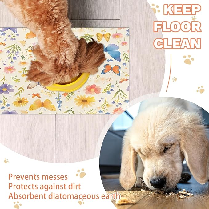 Butterfly Flower Dog Food Mat for Floors Absorbent, Quick Dry Water Dispenser Mat for Food, Water, Pet Supplies 12" x 20", Colorful Floral