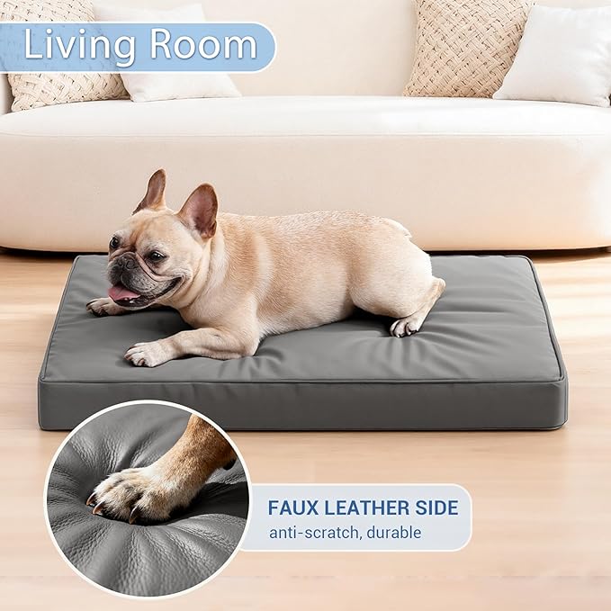 Vonabem Waterproof Dog Bed Small Crate Pad 24 inch Outdoor Leather Puppy Beds with Washable Removable Cover Reversible, Pet Cat Beds Orthopedic, Durable Anti-Slip Kennel Pads Wipeable 23"x17" Grey