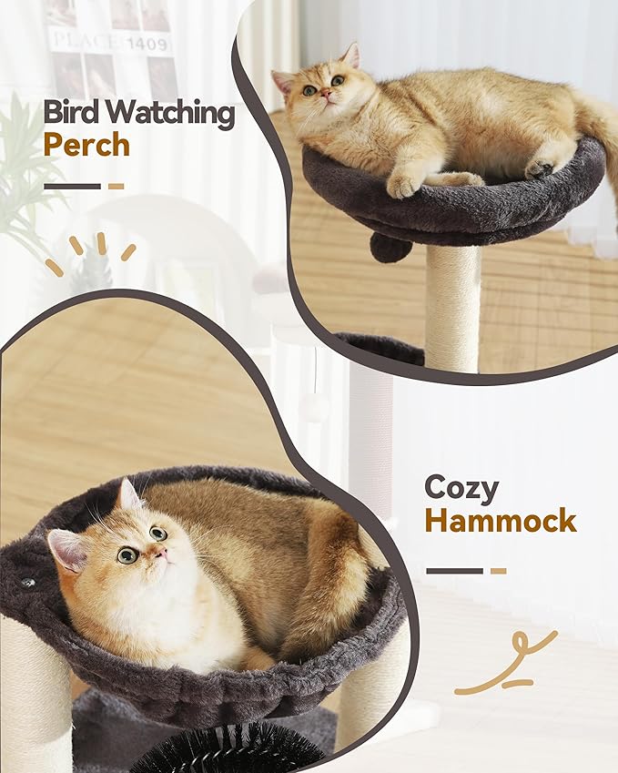 FluffyDream Cat Tree Tower for Indoor Cats, 27.8 Inches Multi-Level Cat Tree with Scratching Posts Plush Basket & Perch for Play Rest, Cat Activity Tree with Dangling Ball for Kittens/Small Cats