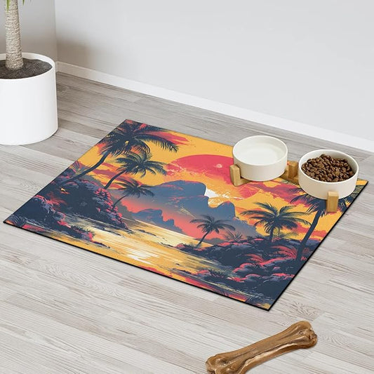 Coastal Sunset Dog Food Mat for Floors Absorbent, Quick Dry Water Dispenser Mat for Food, Water, Pet Supplies 16" x 24", Palm Tree