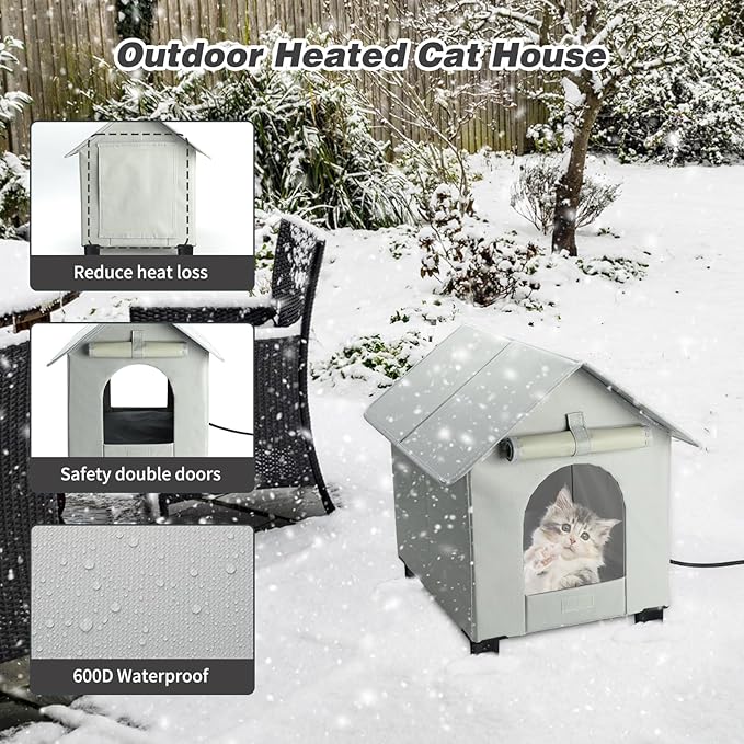 BWOGUE Elevated Heated Cat House for Outdoor Cats in Winter, Waterproof & Insulated Feral Cat Shelter for Outside Cats,Weatherproof Feral Cat House for Outside (Grey, S)