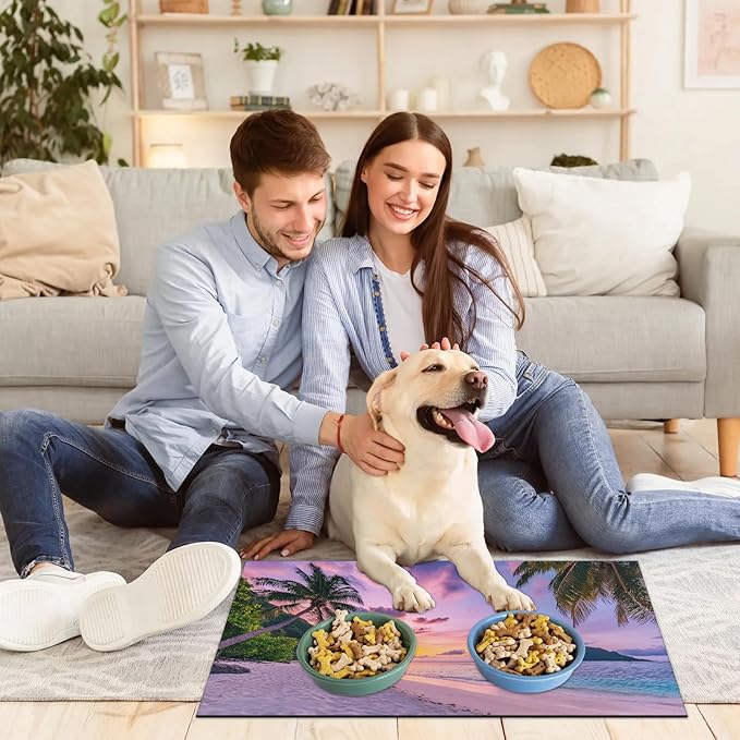 Ocean Beach Dog Food Mat for Floors Absorbent, Quick Dry Water Dispenser Mat for Food, Water, Pet Supplies 24" x 32", Hawaiian Sunrise