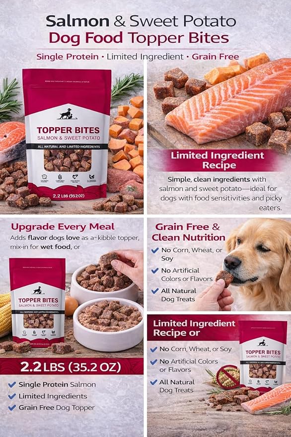 Salmon & Sweet Potato Dog Food Topper Bites, 2.2 lb (35.2 oz) – Single Protein, Grain Free, Limited Ingredient, Natural Dog Treats for Meal Toppers & Training