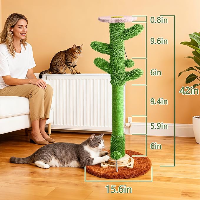2026 New DIY 9+ Installation Styles Cactus Cat Scratching Post with Self-Grooming Brush and Ball Toy | Modular Sisal Cat Scratching Post for Indoor Cats and Kittens, Customizable Cat Furniture