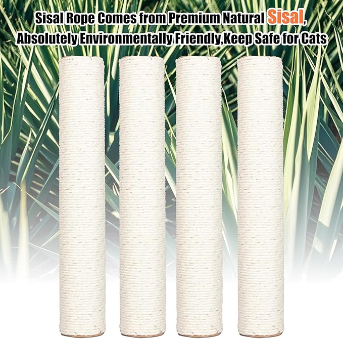 PowerKing Natural Sisal Replacement Scratching Post, 4 Pieces M8 Cat Scratch Post Refill Pole Parts for Refurbishment, White, Include Screws, White, 15.74''+11.88''+7.87''+3.93''