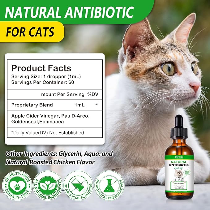 Antibiotics for Cats - Natural Cat Antibiotic Liquid Drops, Supports Immune & Allergy Relief, Cat Multivitamin UTI Drops Helps Immune System, Chicken Flavour, 2 Fl Oz
