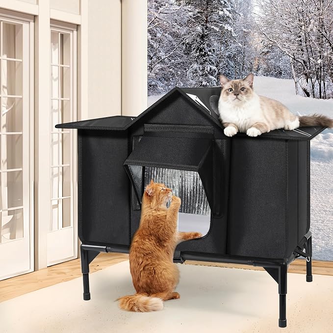 Outdoor Cat House, Weatherproof Insulated Feral Cat Houses for Outdoor Cats, Safe Escape Door, Cat House for Outside, Out Door Stray Cat Shelter with Elevated Base, Cat Houses & Condos(Large)