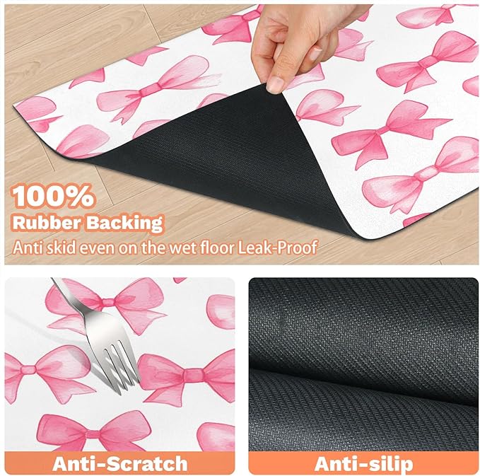 Pink Bows Dog Food Mat for Floors Absorbent, Quick Dry Water Dispenser Mat for Food, Water, Pet Supplies 16" x 24", Cute Bowknot