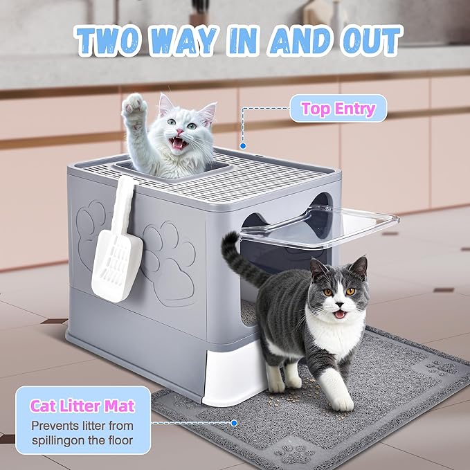 Enclosed Cat Litter Box with Lid Foldable Potty,Drawer Type Extra Large Cover Litter Box with Mat, Kitty Free in and Out/One-Way,Odor Control Anti-Splashing Easy Cleaning (Medium Grey)